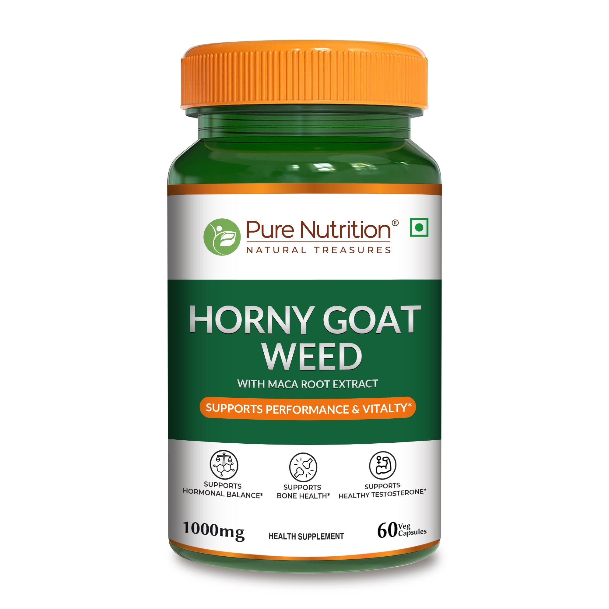 Pure Nutrition Horny Goat Weed with Maca Root Extract 1000mg – 60 Veg Capsules | Supports Energy, Stamina, Bone & Hormonal Health