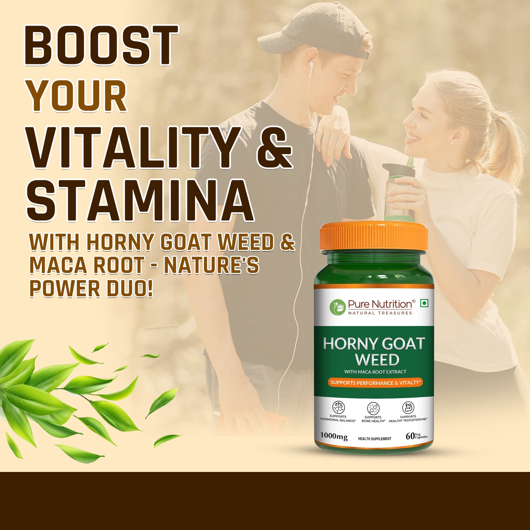 Pure Nutrition Horny Goat Weed with Maca Root Extract 1000mg – 60 Veg Capsules | Supports Energy, Stamina, Bone & Hormonal Health