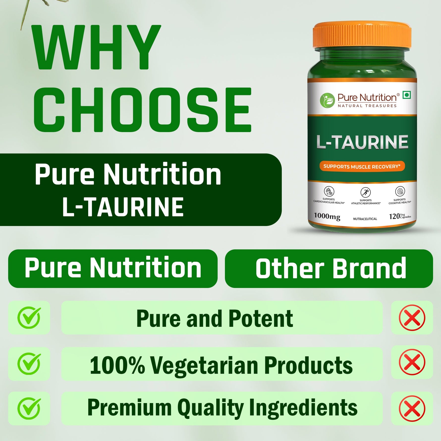 Pure Nutrition L-Taurine 500mg – 120 Veg Capsules | Amino Acid Supplement for Athletic Performance, Muscle Recovery, Cognitive & Heart Health