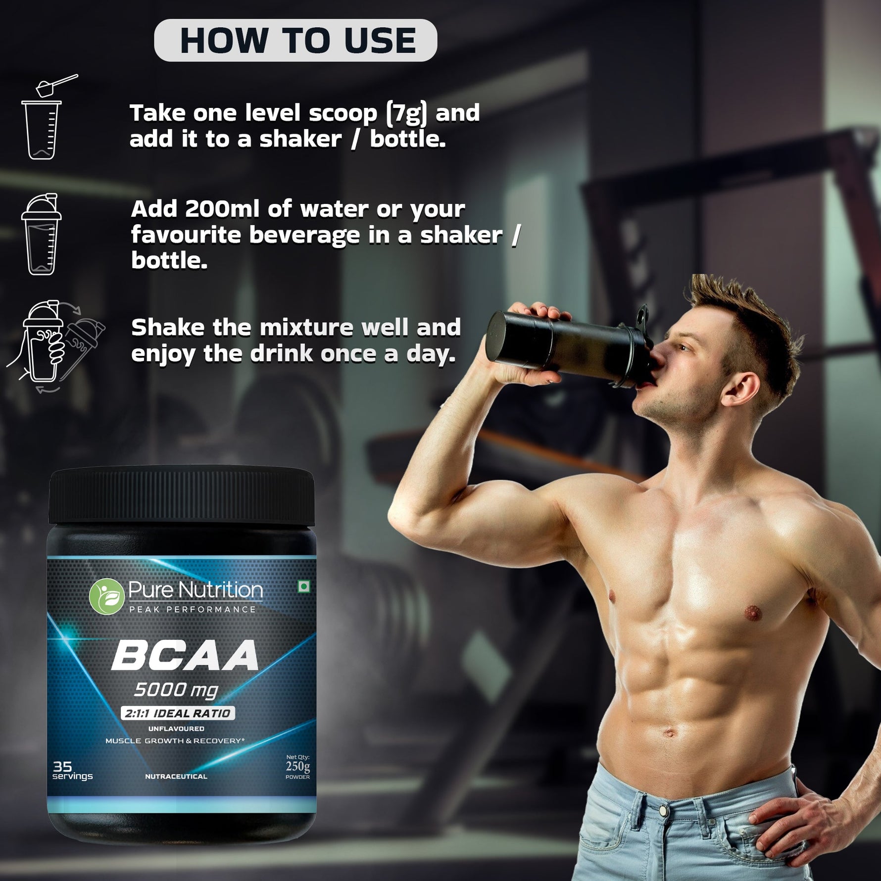 Pure Nutrition BCAA 2:1:1 (250g) | Unflavored Branched Chain Amino Acids with L-Leucine, L-Isoleucine & L-Valine | Sugar-Free Amino Acid Supplement | 35 Servings | Muscle Growth & Workout Recovery