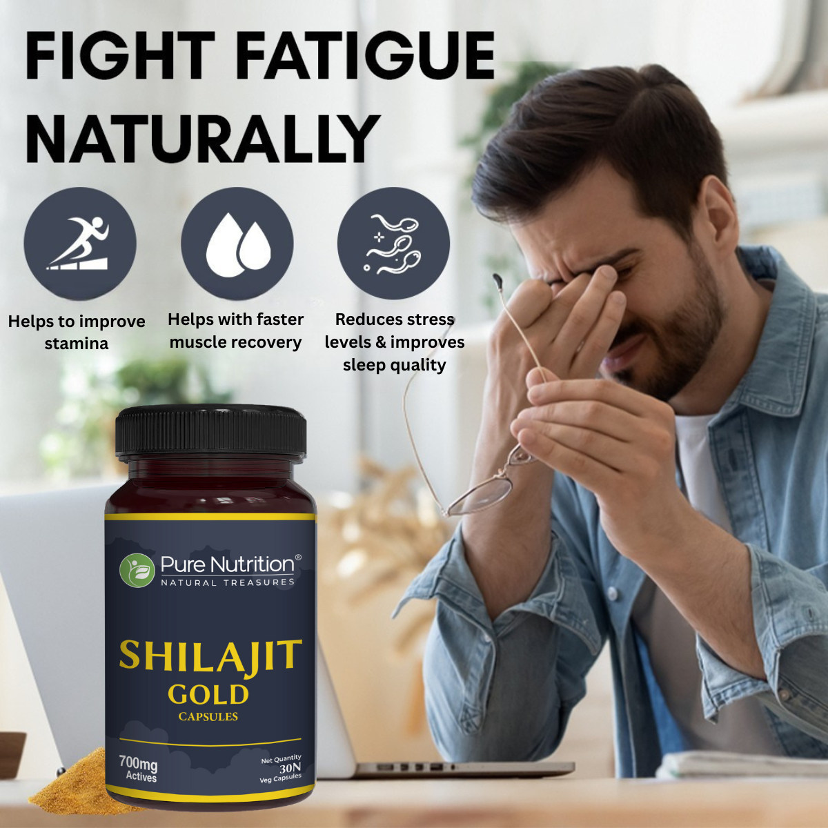 Pure Nutrition Shilajit Gold 60 Veg Capsules with Kaunch Beej, Ashwagandha, Safed Musli, Gokhru & Shatavari for Energy, Strength, Stamina & Performance | Premium Ayurvedic Supplement for Men
