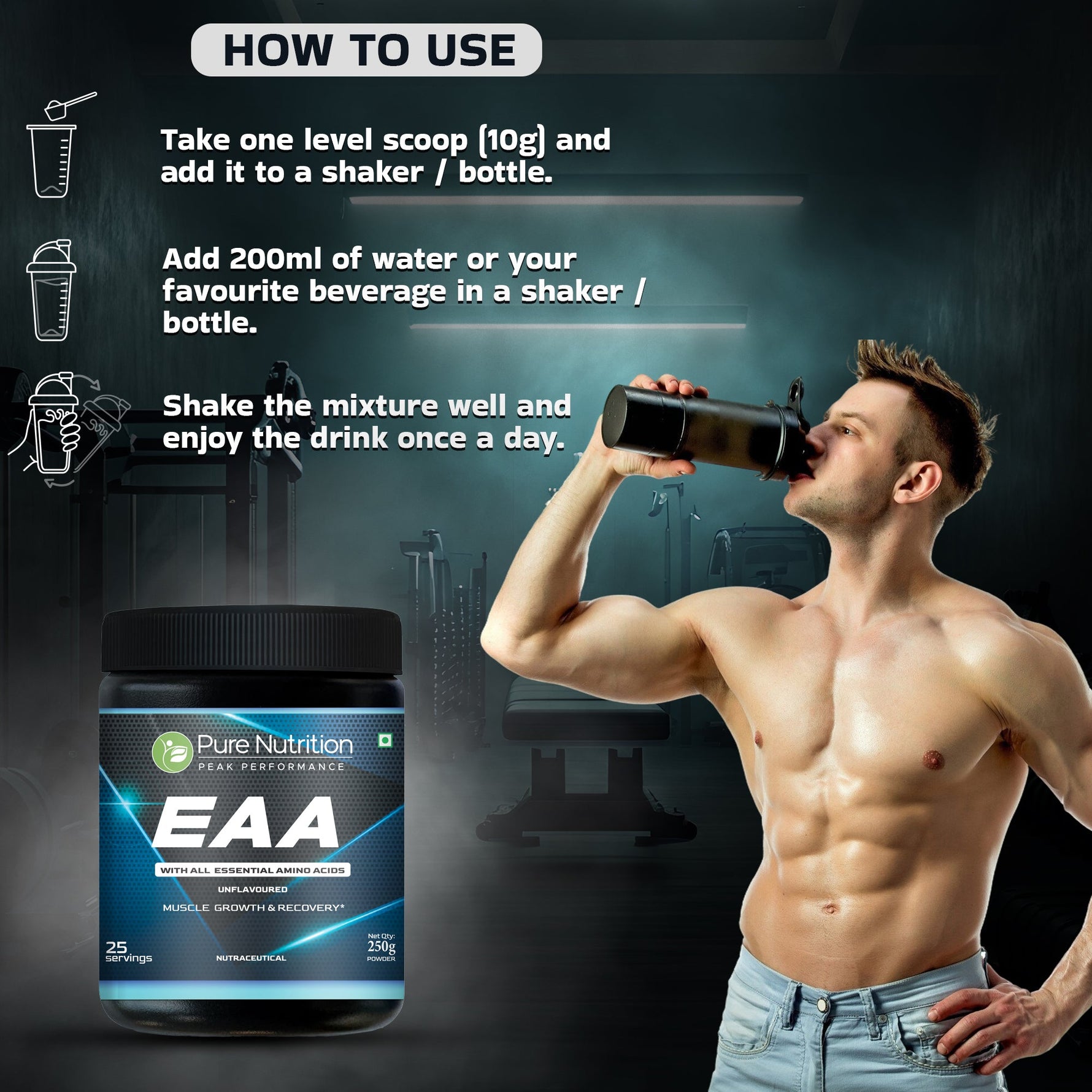 Pure Nutrition EAA (25 Servings) 250g | Eaa Supplement for Men and Women | Essential Amino Acids Powder for Muscle Growth, Recovery, Hydration & Endurance | Unflavoured | Peak Performance
