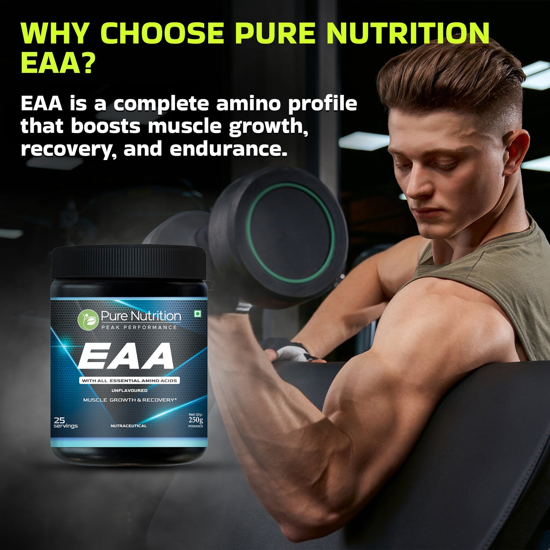 Pure Nutrition EAA (25 Servings) 250g | Eaa Supplement for Men and Women | Essential Amino Acids Powder for Muscle Growth, Recovery, Hydration & Endurance | Unflavoured | Peak Performance