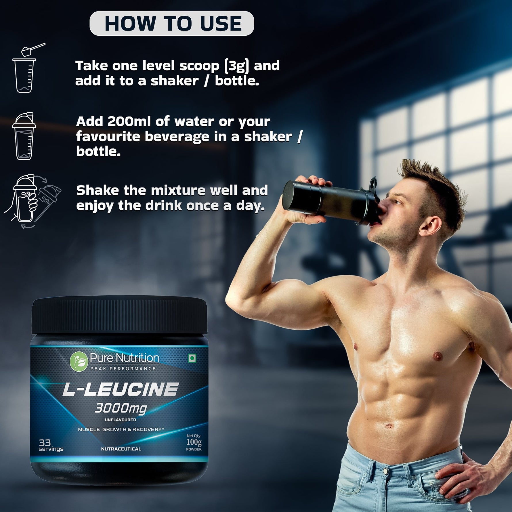 Pure Nutrition Peak Performance L-Leucine Powder – 3000mg per Serving, 100g (33 Servings) | 100% Pure & Unflavoured | Boosts Muscle Growth, Recovery & Stamina | Pre-Workout for Men & Women