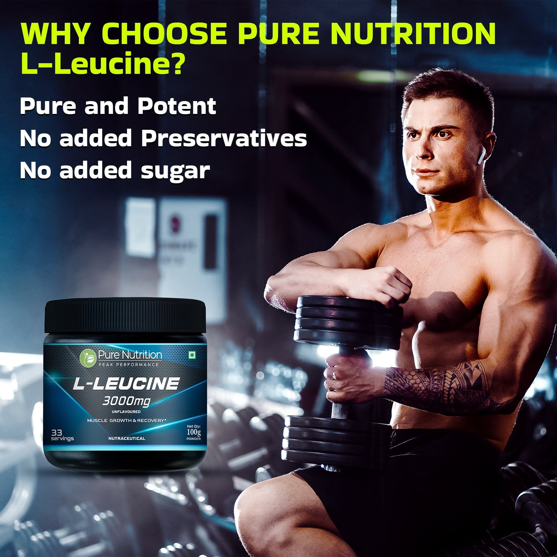 Pure Nutrition Peak Performance L-Leucine Powder – 3000mg per Serving, 100g (33 Servings) | 100% Pure & Unflavoured | Boosts Muscle Growth, Recovery & Stamina | Pre-Workout for Men & Women