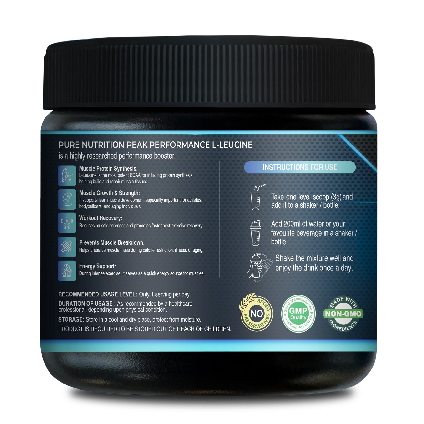 Pure Nutrition Peak Performance L-Leucine Powder – 3000mg per Serving, 100g (33 Servings) | 100% Pure & Unflavoured | Boosts Muscle Growth, Recovery & Stamina | Pre-Workout for Men & Women