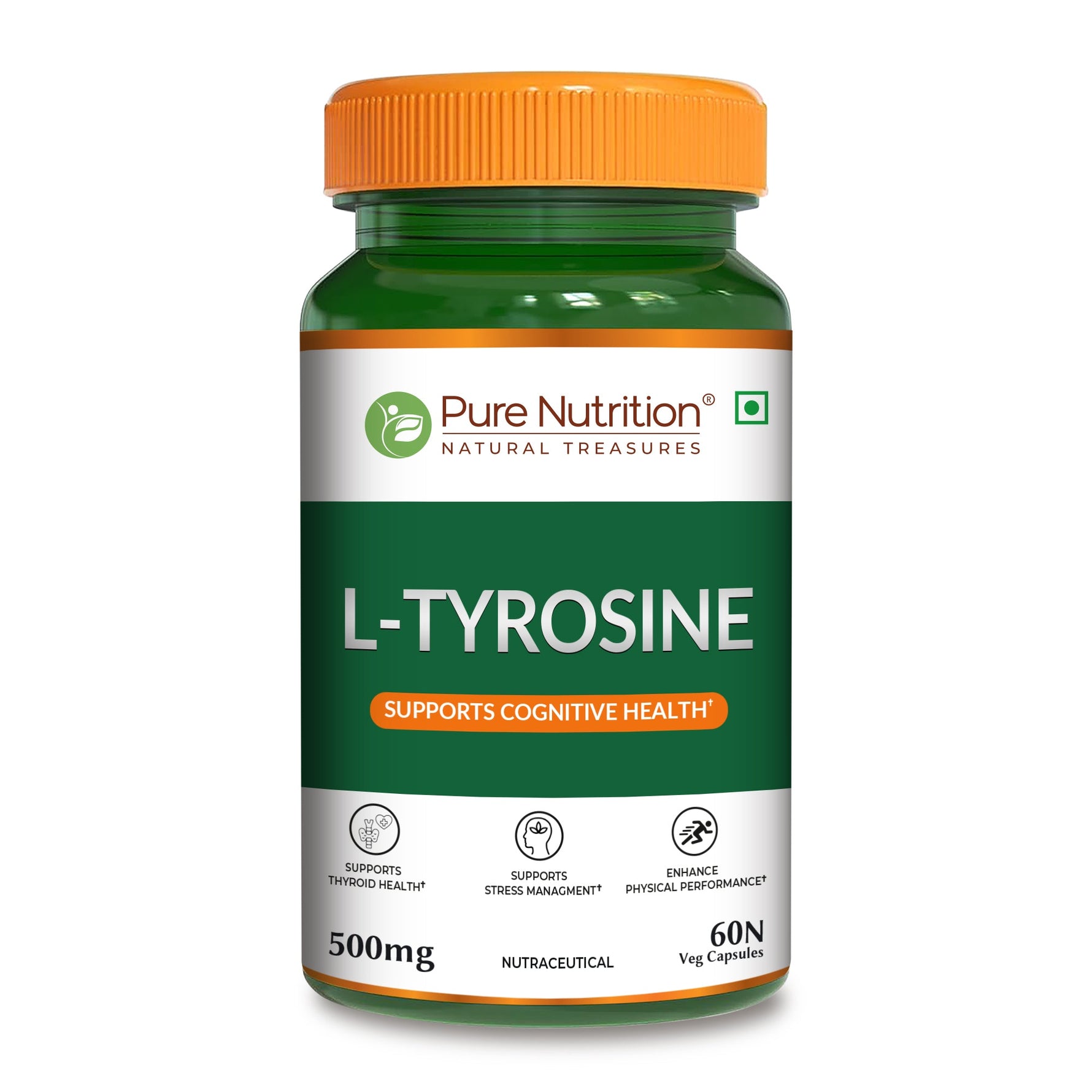 Pure Nutrition L-Tyrosine 500mg | 60 Veg Capsules | Supports Focus, Memory & Cognitive Performance | Helps Reduce Stress & Fatigue | Promotes Healthy Thyroid Function