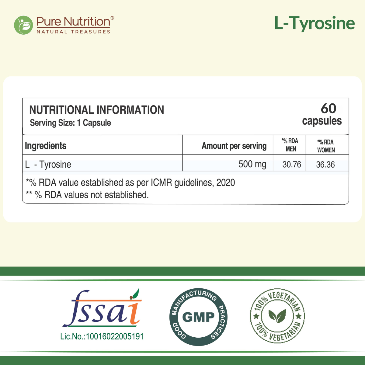 Pure Nutrition L-Tyrosine 500mg | 60 Veg Capsules | Supports Focus, Memory & Cognitive Performance | Helps Reduce Stress & Fatigue | Promotes Healthy Thyroid Function