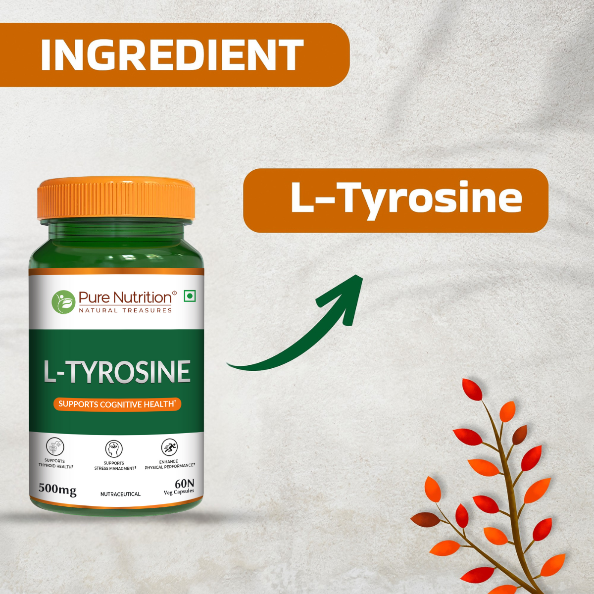 Pure Nutrition L-Tyrosine 500mg | 60 Veg Capsules | Supports Focus, Memory & Cognitive Performance | Helps Reduce Stress & Fatigue | Promotes Healthy Thyroid Function