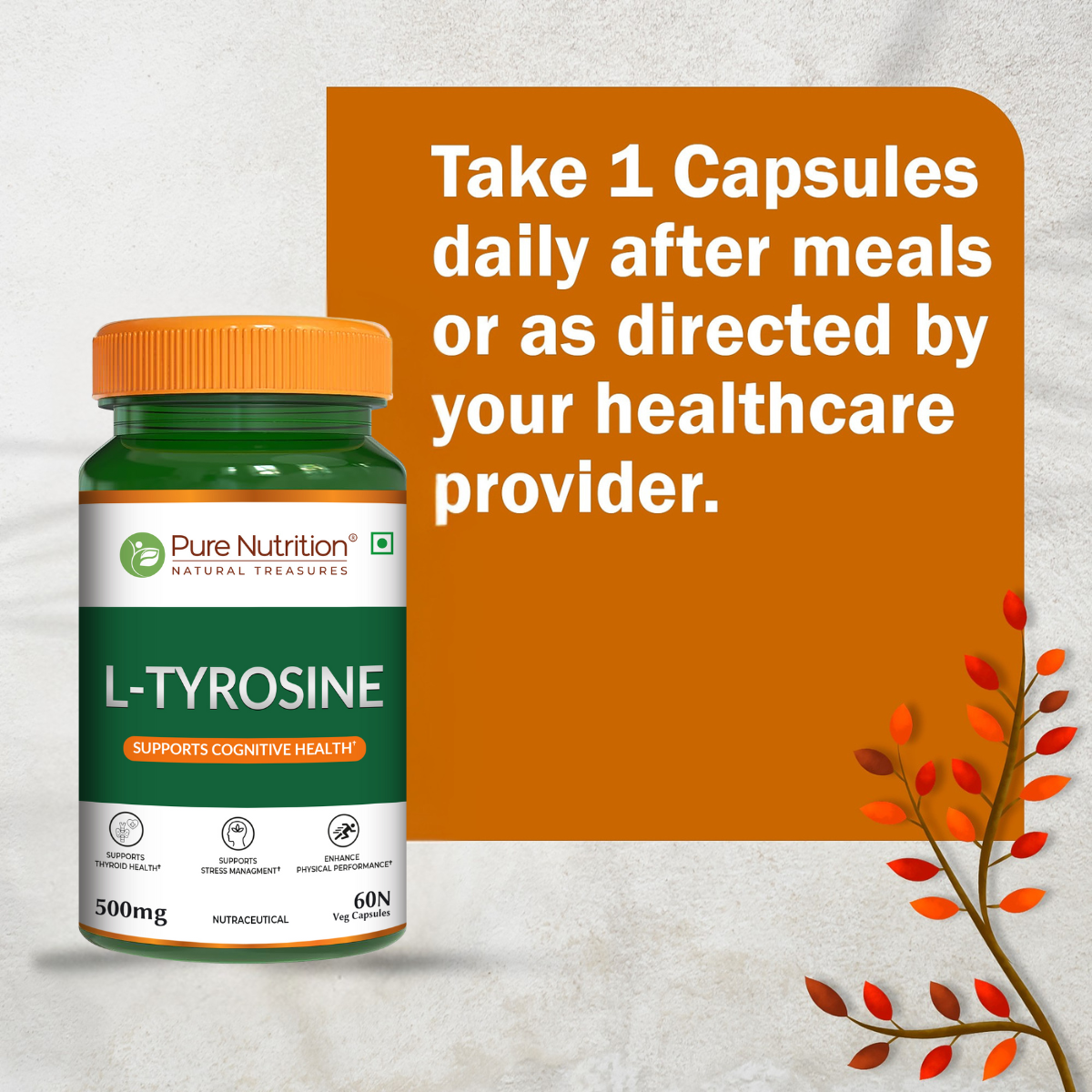 Pure Nutrition L-Tyrosine 500mg | 60 Veg Capsules | Supports Focus, Memory & Cognitive Performance | Helps Reduce Stress & Fatigue | Promotes Healthy Thyroid Function