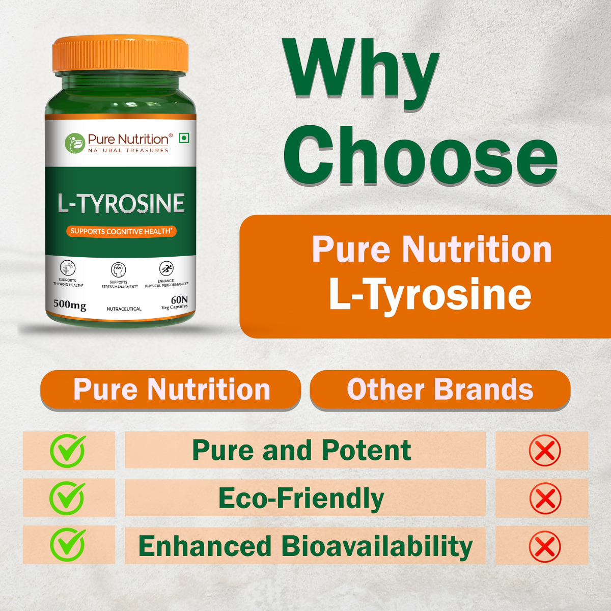 Pure Nutrition L-Tyrosine 500mg | 60 Veg Capsules | Supports Focus, Memory & Cognitive Performance | Helps Reduce Stress & Fatigue | Promotes Healthy Thyroid Function