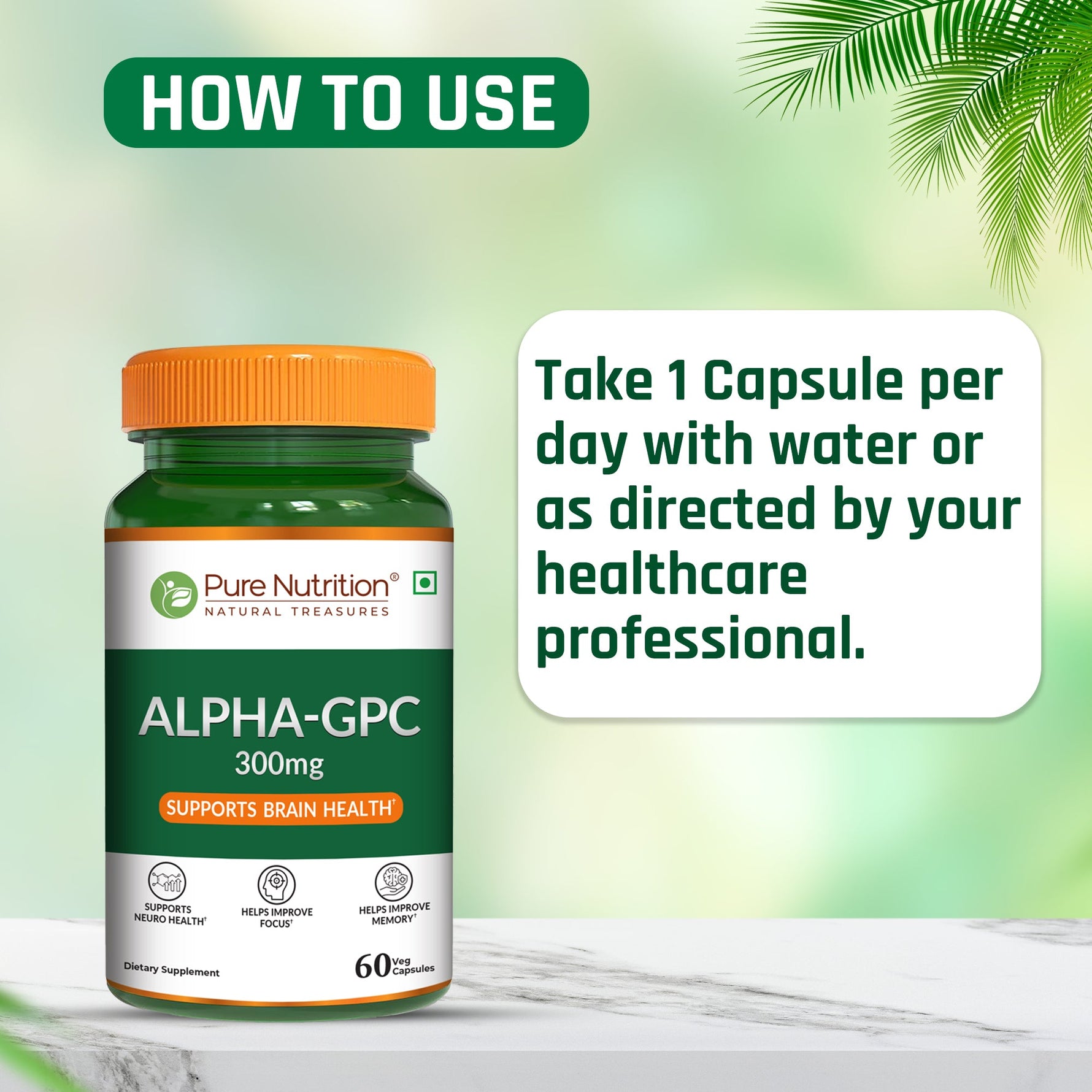 Pure Nutrition Alpha GPC (300mg) – 60 Veg Capsules | Helps to Improve Focus, Mental Clarity & Memory | Brain Health Supplement for Men & Women | Nootropic Formula
