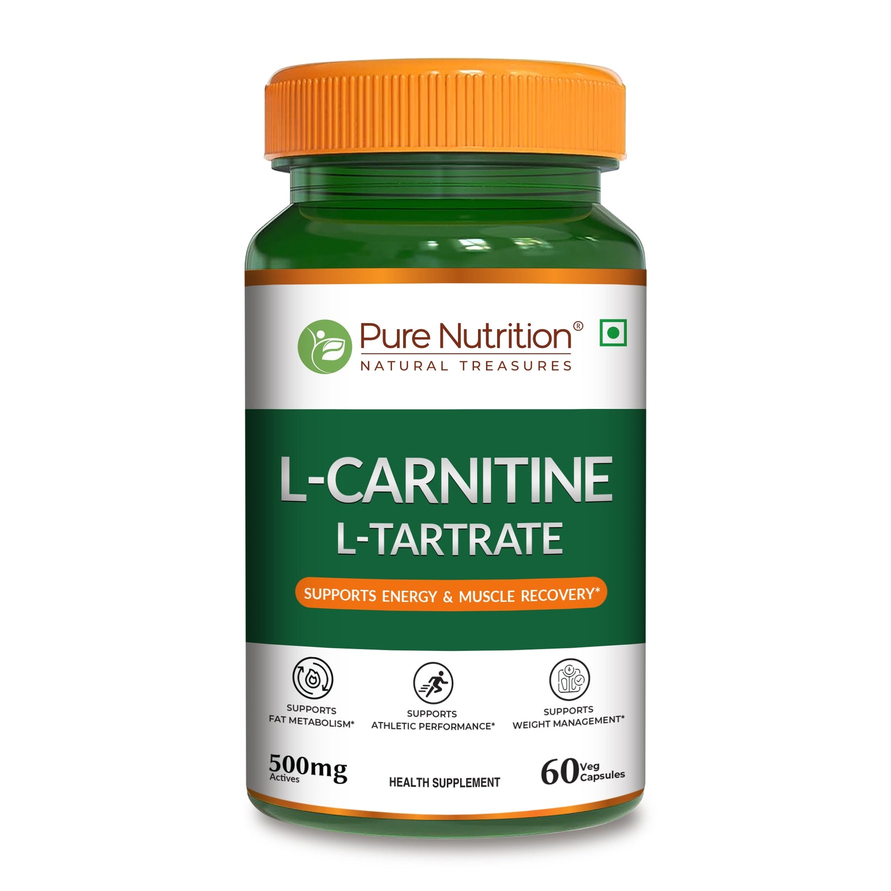 Pure Nutrition L-Carnitine L-Tartrate 500mg – 60 Veg Capsules | Pre-Workout Fat Burner & Energy Booster for Men & Women | Supports Fat Metabolism, Muscle Recovery & Performance