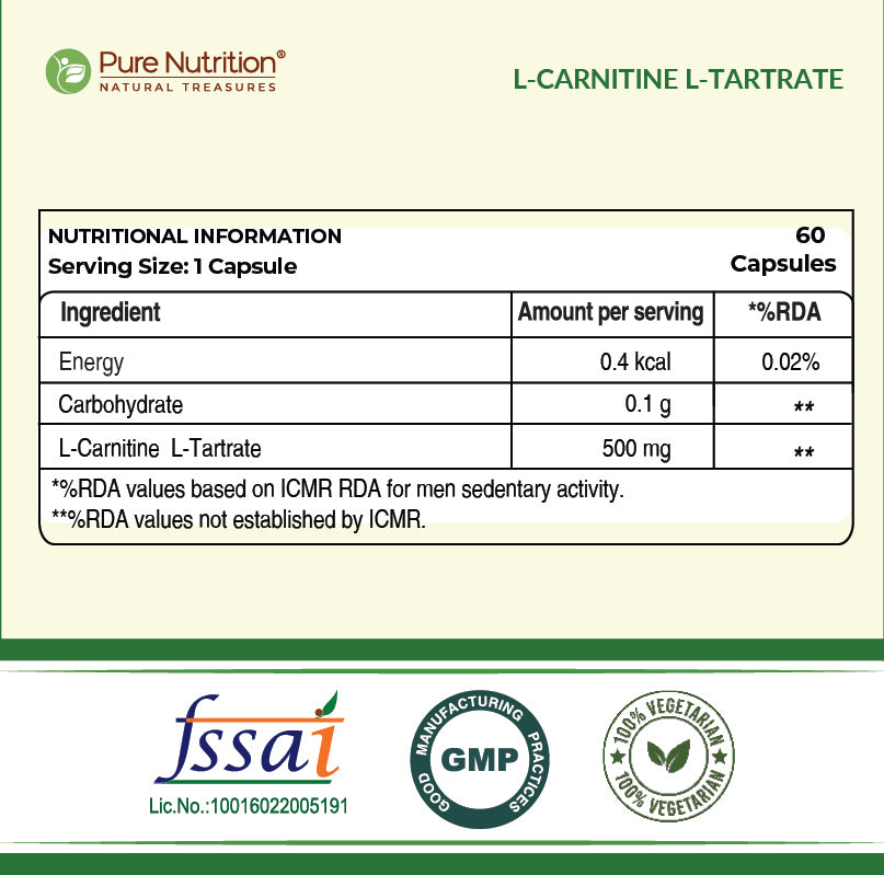 Pure Nutrition L-Carnitine L-Tartrate 500mg – 60 Veg Capsules | Pre-Workout Fat Burner & Energy Booster for Men & Women | Supports Fat Metabolism, Muscle Recovery & Performance