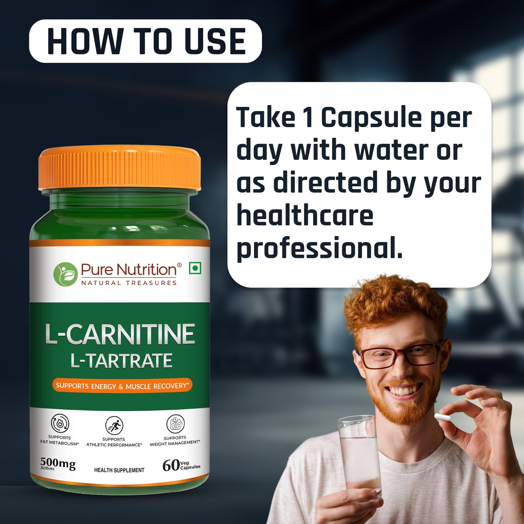 Pure Nutrition L-Carnitine L-Tartrate 500mg – 60 Veg Capsules | Pre-Workout Fat Burner & Energy Booster for Men & Women | Supports Fat Metabolism, Muscle Recovery & Performance
