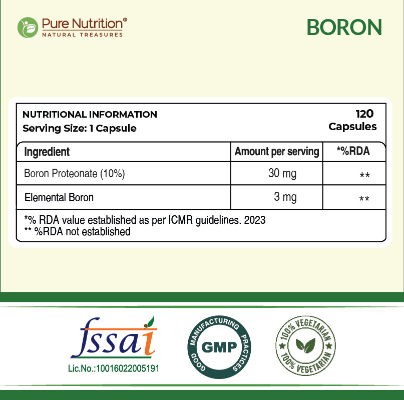 Pure Nutrition Boron 3mg, 120 Veg Capsules | 100% Chelated Boron Supplement for Bone Strength, Joint Support, Cognitive Health & Hormonal Balance