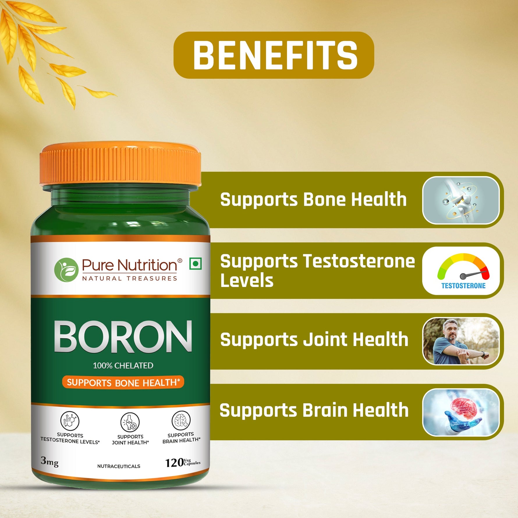 Pure Nutrition Boron 3mg, 120 Veg Capsules | 100% Chelated Boron Supplement for Bone Strength, Joint Support, Cognitive Health & Hormonal Balance