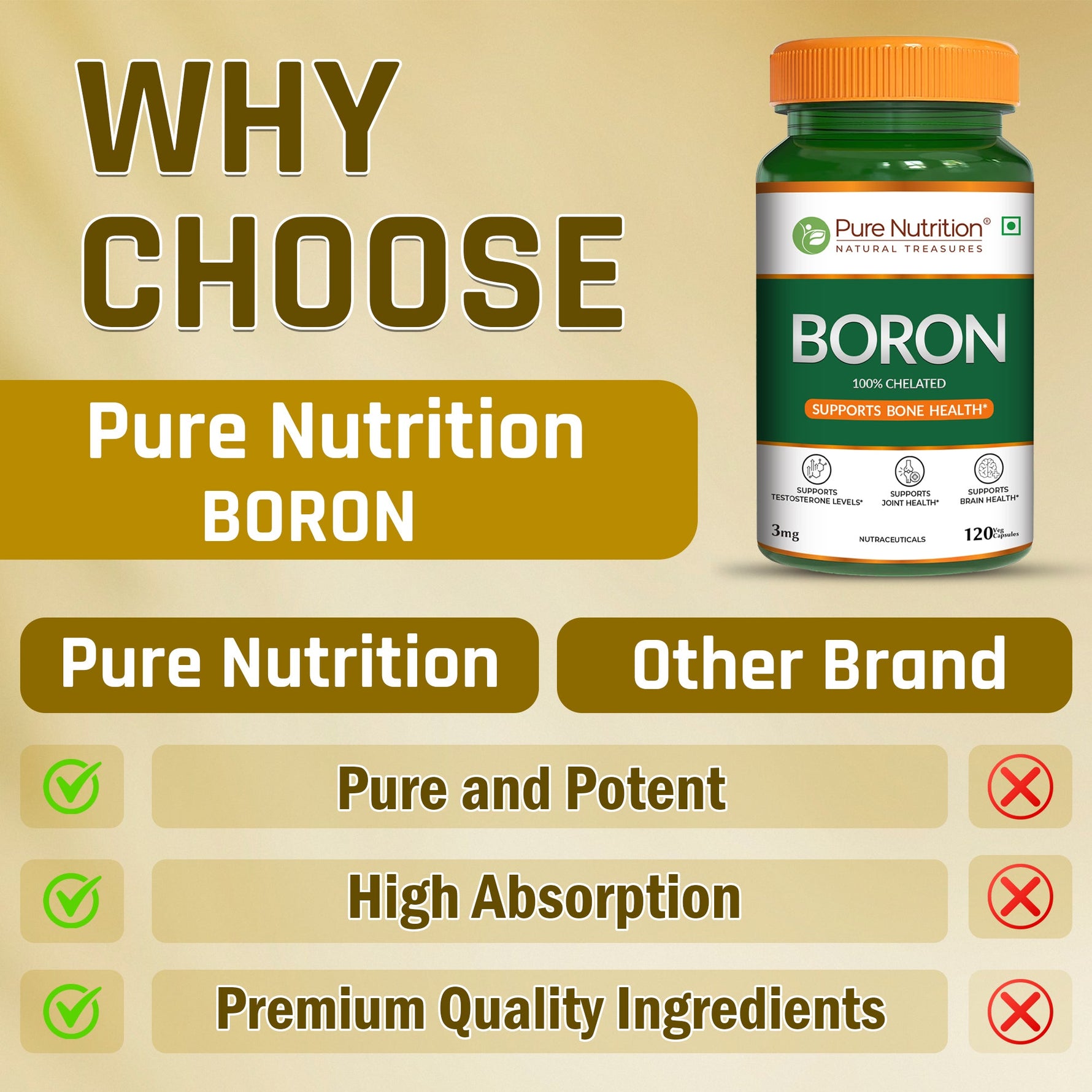 Pure Nutrition Boron 3mg, 120 Veg Capsules | 100% Chelated Boron Supplement for Bone Strength, Joint Support, Cognitive Health & Hormonal Balance