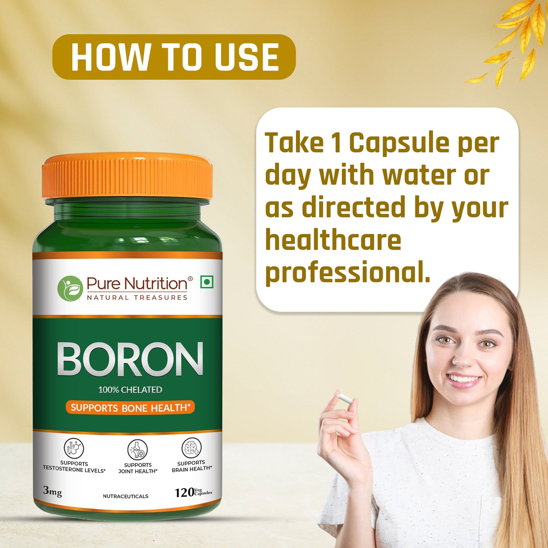 Pure Nutrition Boron 3mg, 120 Veg Capsules | 100% Chelated Boron Supplement for Bone Strength, Joint Support, Cognitive Health & Hormonal Balance