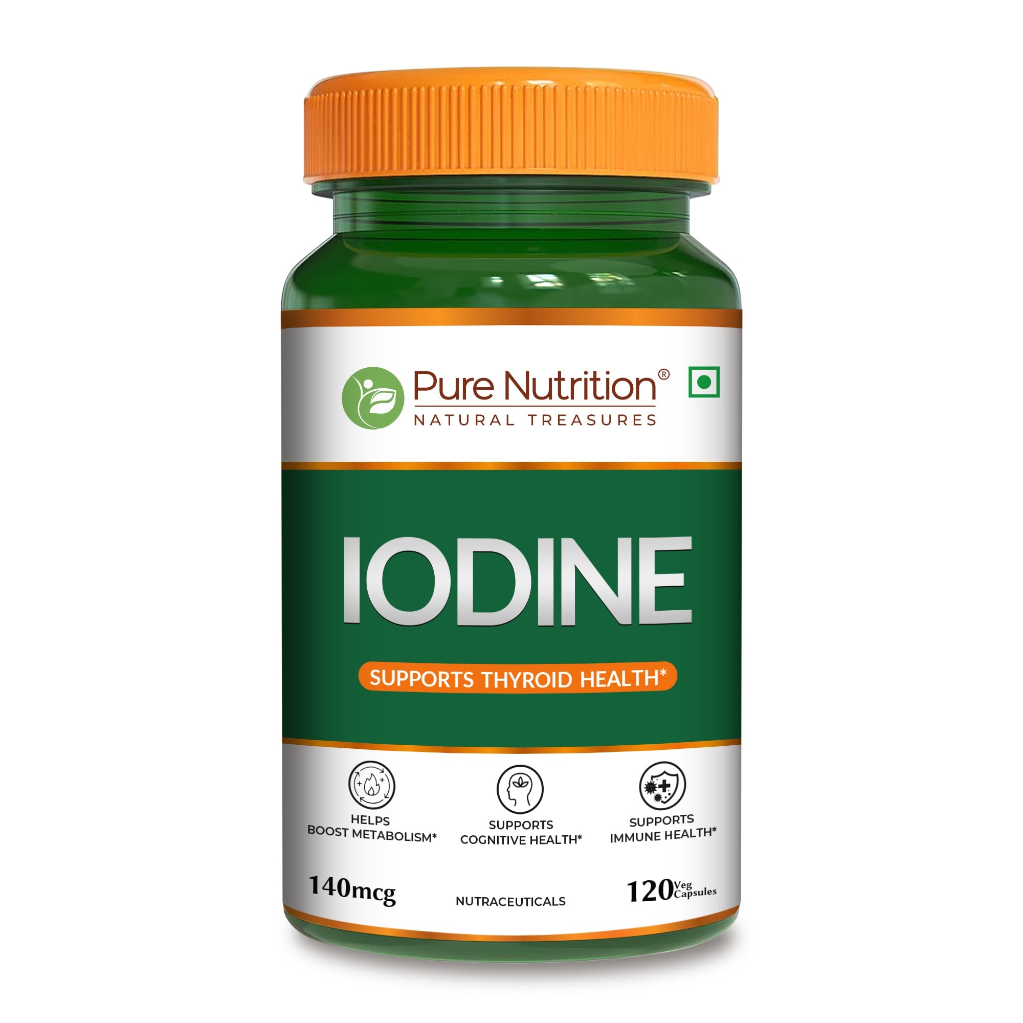 Pure Nutrition Iodine (140 mcg), 120 Veg Capsules | Thyroid Support Supplement for Men & Women | Boosts Metabolism, Energy, Immunity & Mental Clarity | Maintains Healthy Cellular Function