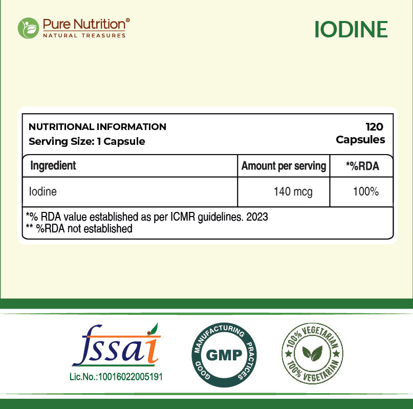 Pure Nutrition Iodine (140 mcg), 120 Veg Capsules | Thyroid Support Supplement for Men & Women | Boosts Metabolism, Energy, Immunity & Mental Clarity | Maintains Healthy Cellular Function