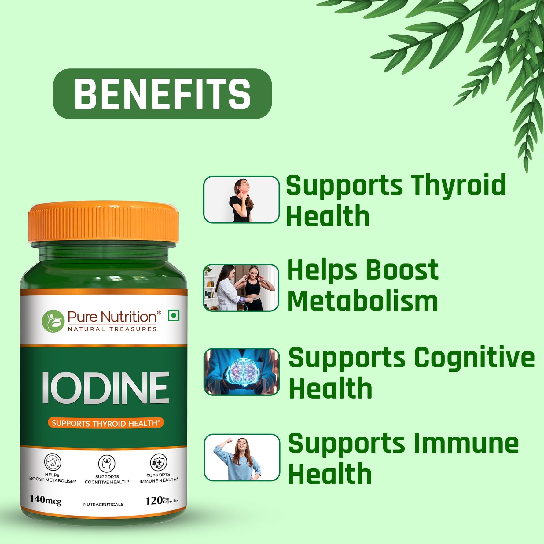 Pure Nutrition Iodine (140 mcg), 120 Veg Capsules | Thyroid Support Supplement for Men & Women | Boosts Metabolism, Energy, Immunity & Mental Clarity | Maintains Healthy Cellular Function