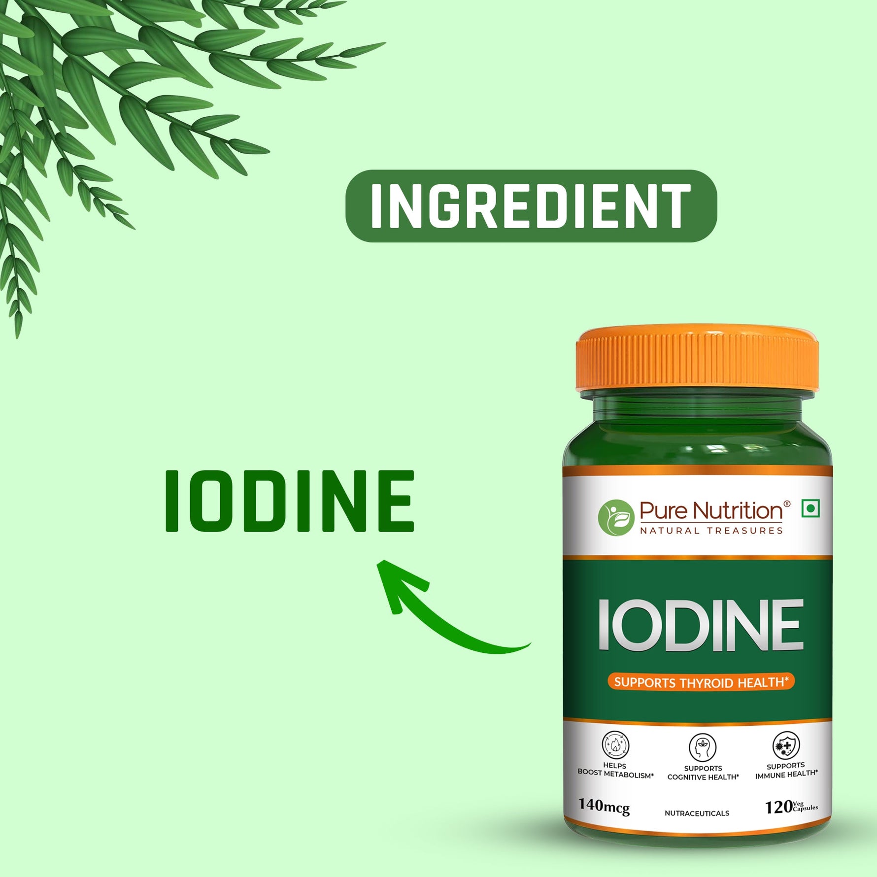 Pure Nutrition Iodine (140 mcg), 120 Veg Capsules | Thyroid Support Supplement for Men & Women | Boosts Metabolism, Energy, Immunity & Mental Clarity | Maintains Healthy Cellular Function