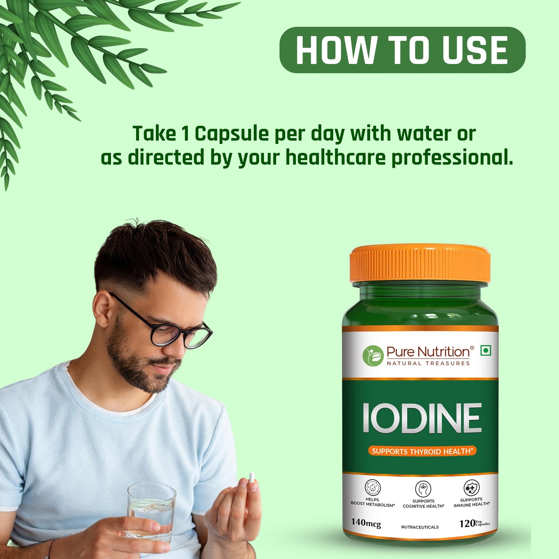 Pure Nutrition Iodine (140 mcg), 120 Veg Capsules | Thyroid Support Supplement for Men & Women | Boosts Metabolism, Energy, Immunity & Mental Clarity | Maintains Healthy Cellular Function