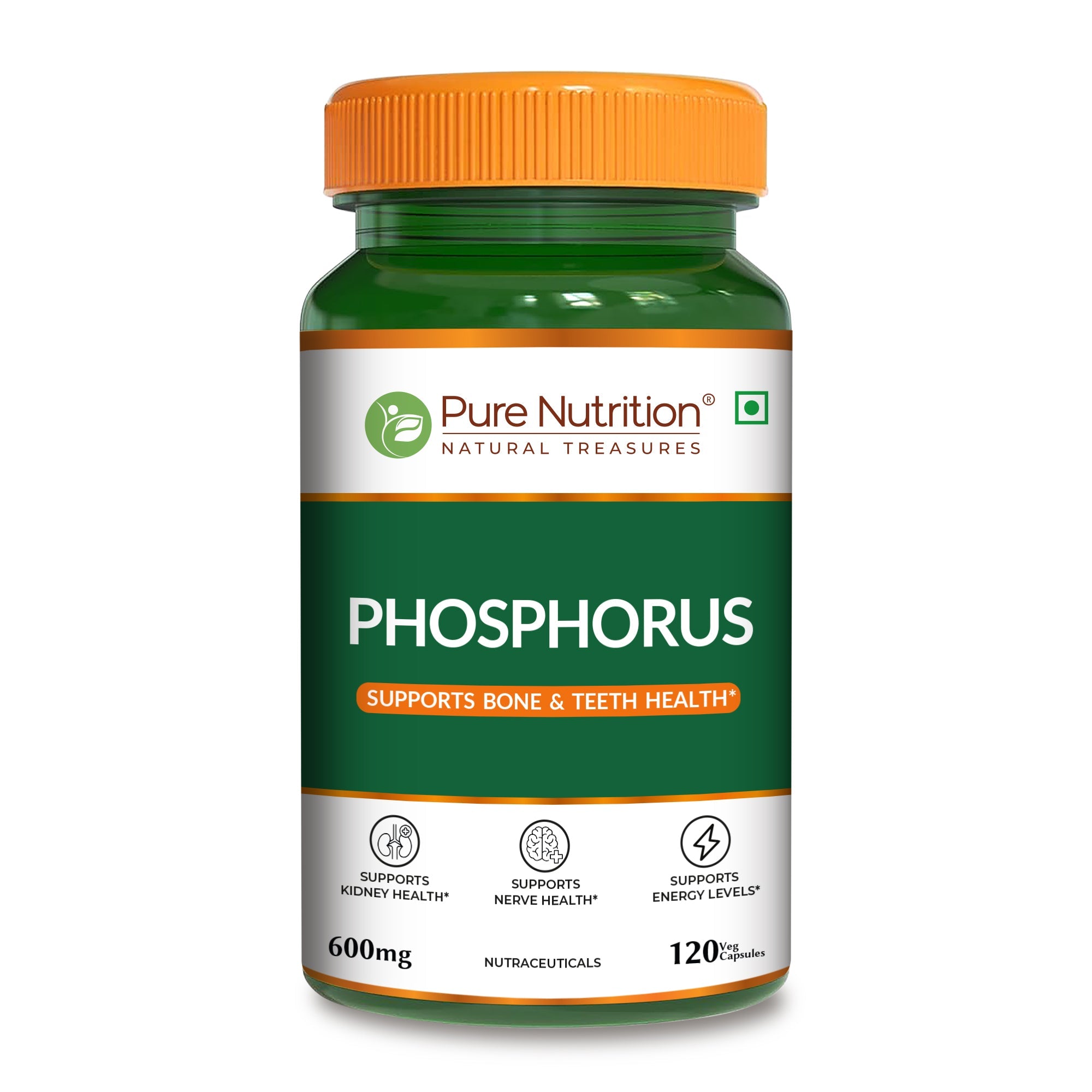 Pure Nutrition Phosphorus 600mg – 120 Veg Capsules | Supports Bone & Teeth Health | Kidney, Nerve & Energy Support | Daily Mineral Supplement for Men & Women