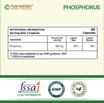 Pure Nutrition Phosphorus 600mg – 120 Veg Capsules | Supports Bone & Teeth Health | Kidney, Nerve & Energy Support | Daily Mineral Supplement for Men & Women