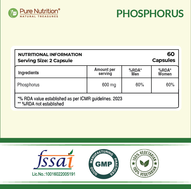 Pure Nutrition Phosphorus 600mg – 120 Veg Capsules | Supports Bone & Teeth Health | Kidney, Nerve & Energy Support | Daily Mineral Supplement for Men & Women