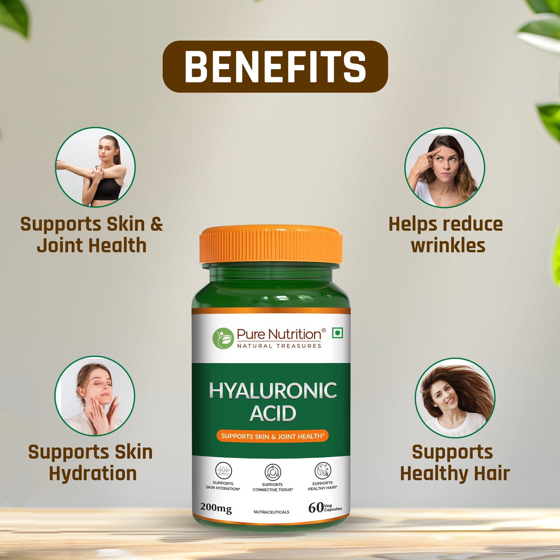 Pure Nutrition Hyaluronic Acid 200mg - 60 Veg Capsules | Supports Skin Hydration, Joint Health & Connective Tissue | Supplement for Men & Women