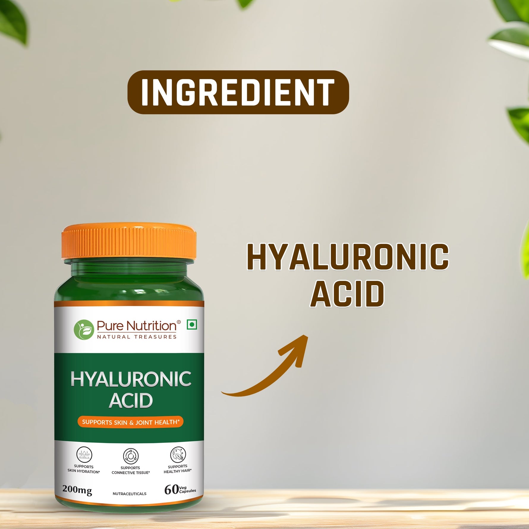 Pure Nutrition Hyaluronic Acid 200mg - 60 Veg Capsules | Supports Skin Hydration, Joint Health & Connective Tissue | Supplement for Men & Women
