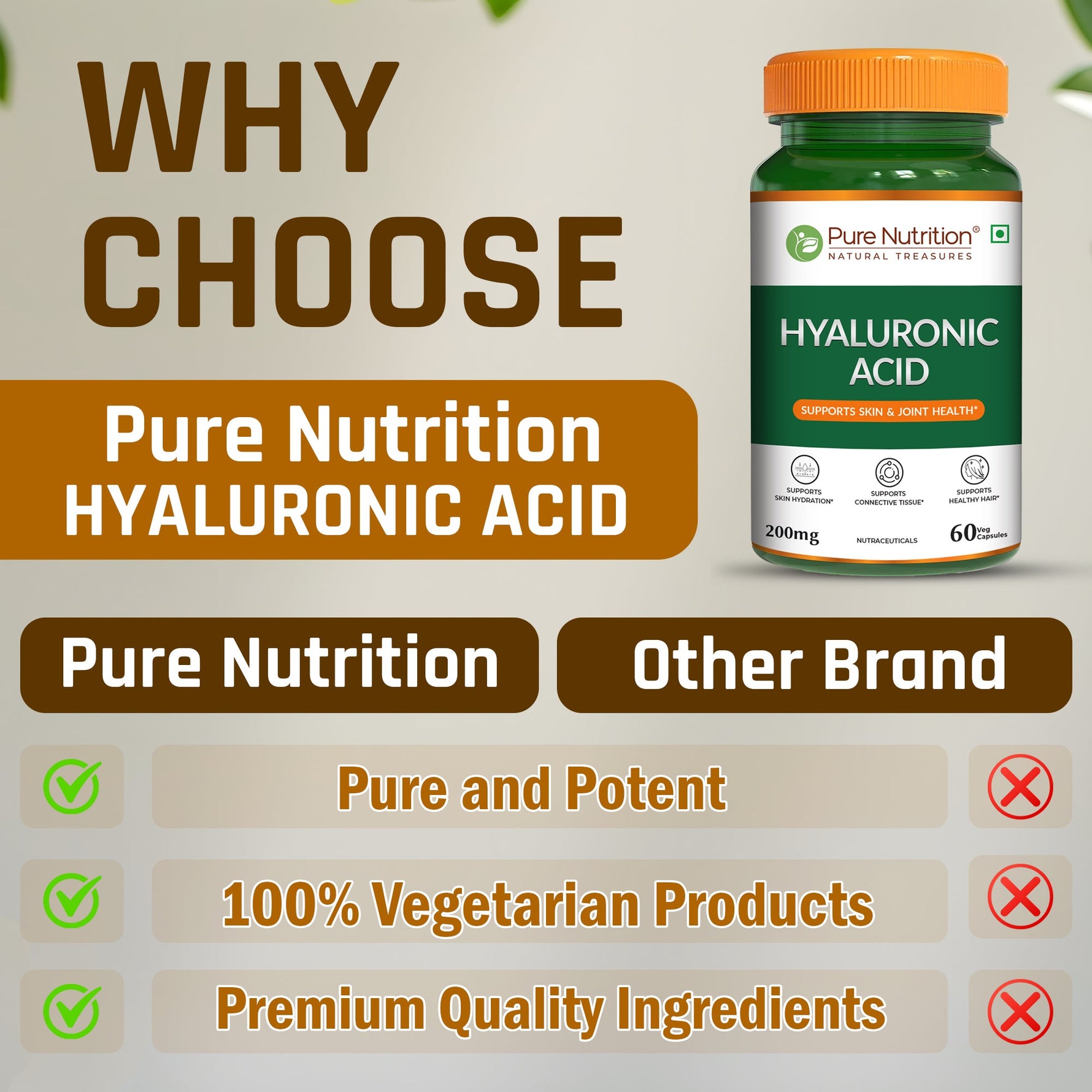 Pure Nutrition Hyaluronic Acid 200mg - 60 Veg Capsules | Supports Skin Hydration, Joint Health & Connective Tissue | Supplement for Men & Women
