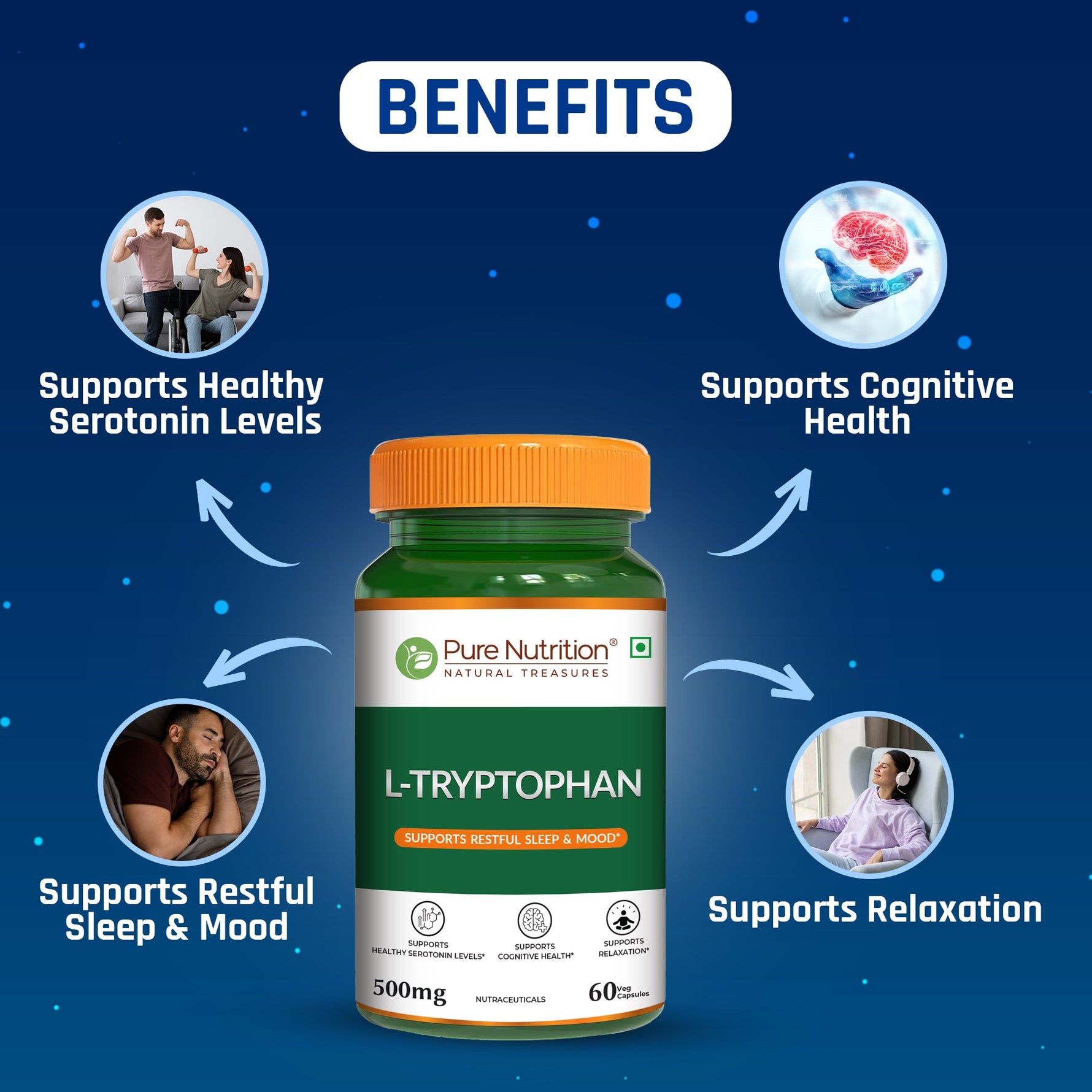 Pure Nutrition L-Tryptophan 500mg, 60 Veg Capsules | Supports Relaxation, Stress Relief, Sleep Quality & Mood Balance | Natural Amino Acid Supplement