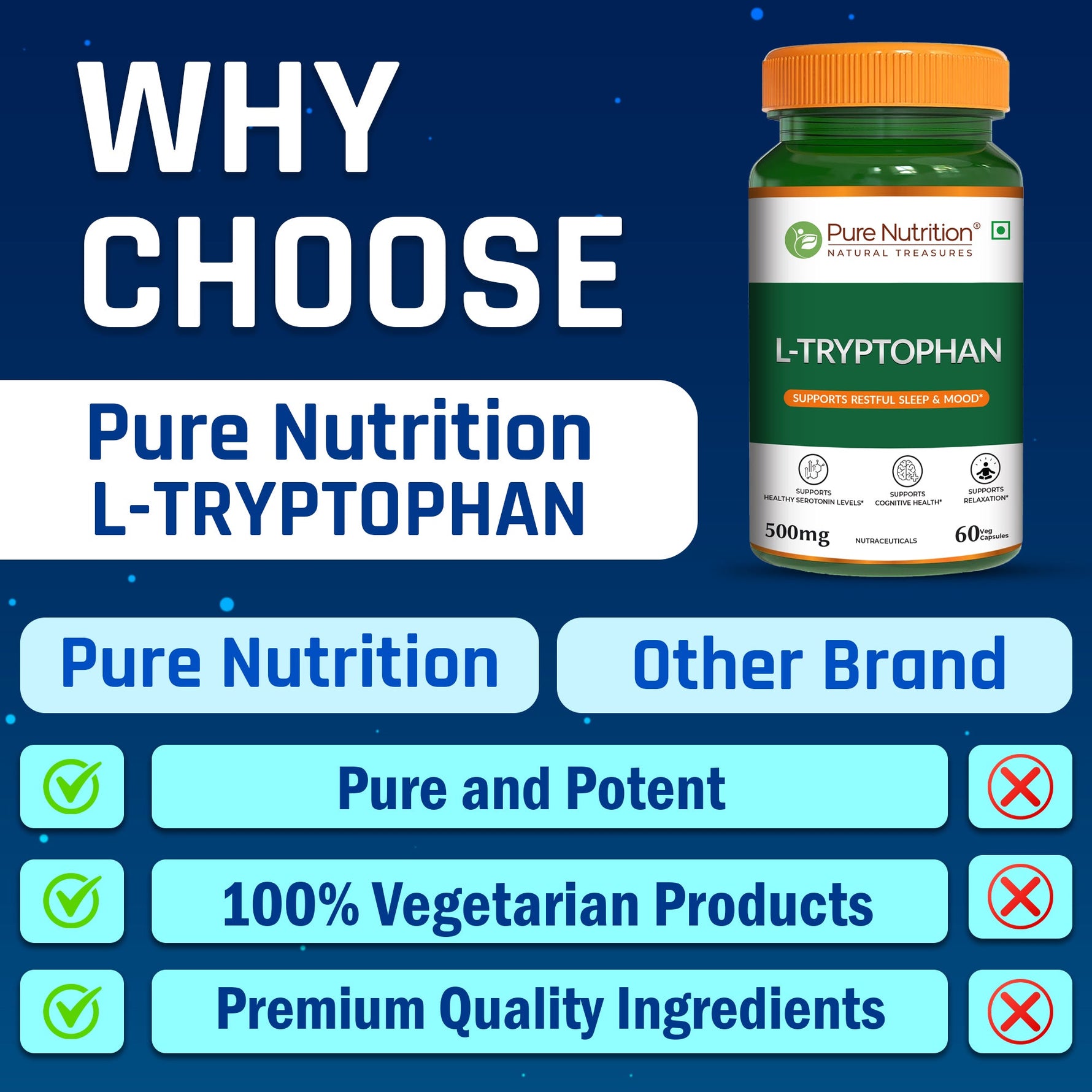 Pure Nutrition L-Tryptophan 500mg, 60 Veg Capsules | Supports Relaxation, Stress Relief, Sleep Quality & Mood Balance | Natural Amino Acid Supplement