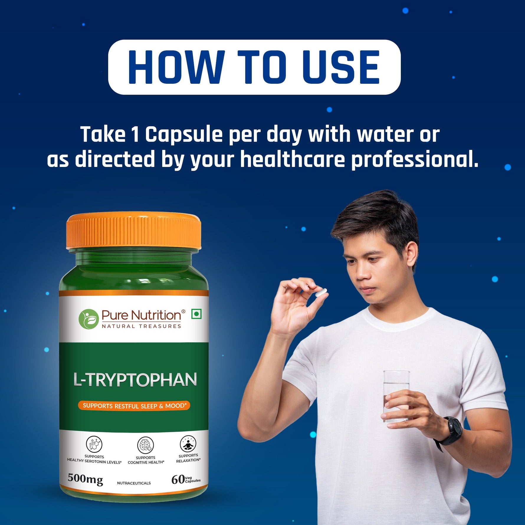 Pure Nutrition L-Tryptophan 500mg, 60 Veg Capsules | Supports Relaxation, Stress Relief, Sleep Quality & Mood Balance | Natural Amino Acid Supplement