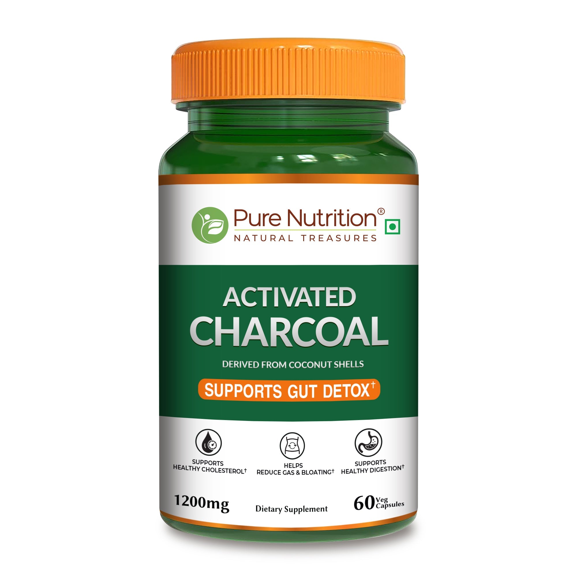 Pure Nutrition Activated Charcoal 1200mg – 60 Veg Capsules | Natural Detox Supplement for Gas Relief, Bloating, Digestion & Gut Health – Derived from Coconut Shells