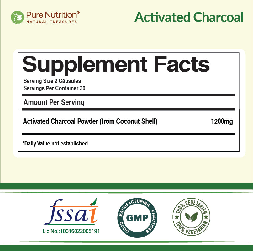 Pure Nutrition Activated Charcoal 1200mg – 60 Veg Capsules | Natural Detox Supplement for Gas Relief, Bloating, Digestion & Gut Health – Derived from Coconut Shells