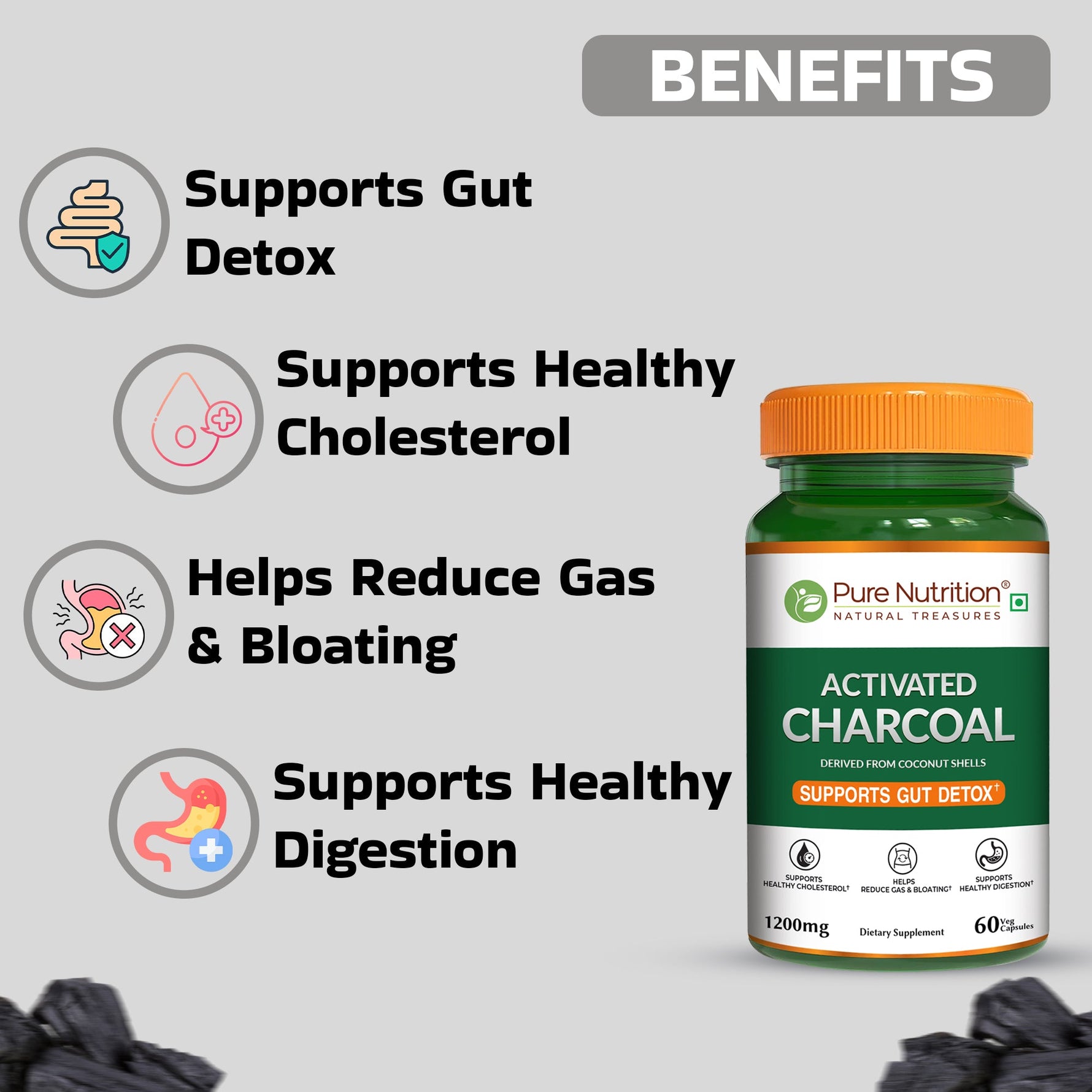 Pure Nutrition Activated Charcoal 1200mg – 60 Veg Capsules | Natural Detox Supplement for Gas Relief, Bloating, Digestion & Gut Health – Derived from Coconut Shells