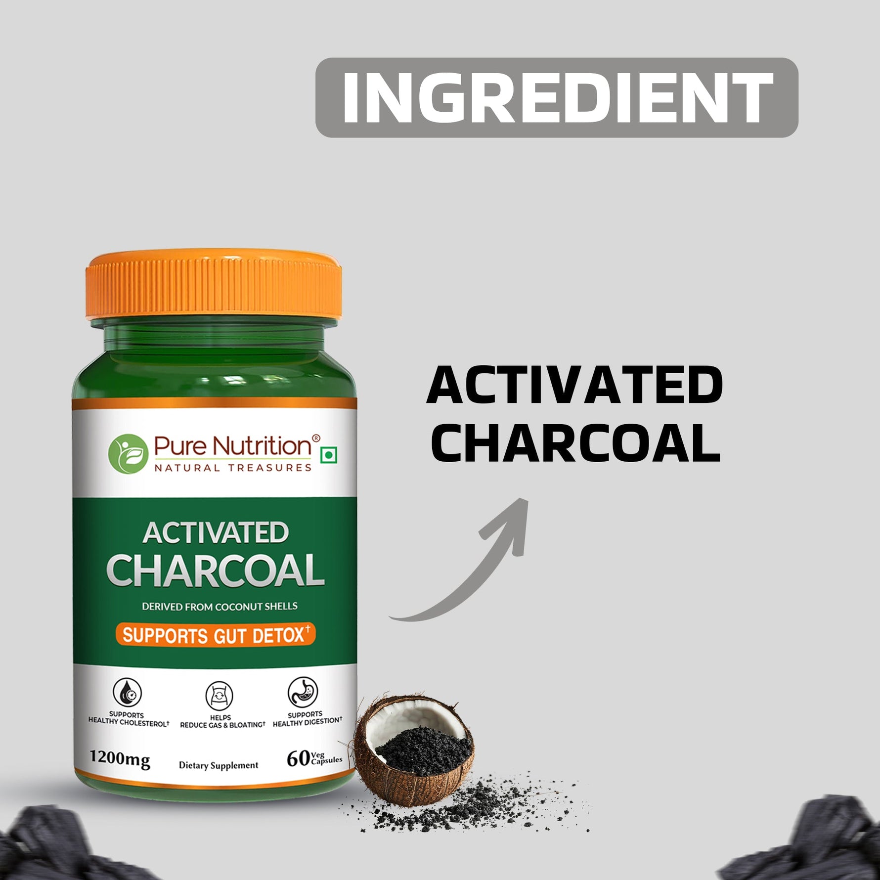 Pure Nutrition Activated Charcoal 1200mg – 60 Veg Capsules | Natural Detox Supplement for Gas Relief, Bloating, Digestion & Gut Health – Derived from Coconut Shells