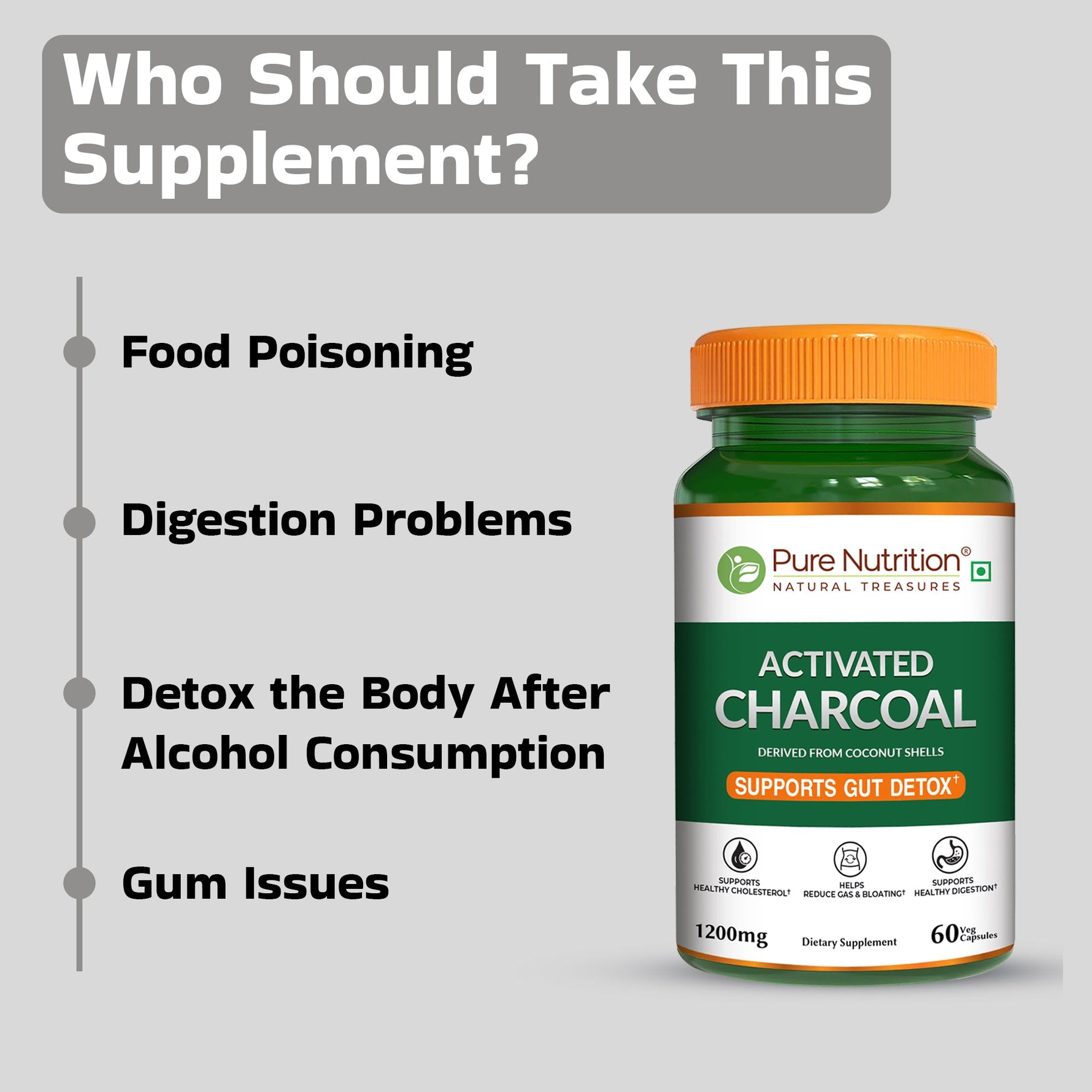 Pure Nutrition Activated Charcoal 1200mg – 60 Veg Capsules | Natural Detox Supplement for Gas Relief, Bloating, Digestion & Gut Health – Derived from Coconut Shells