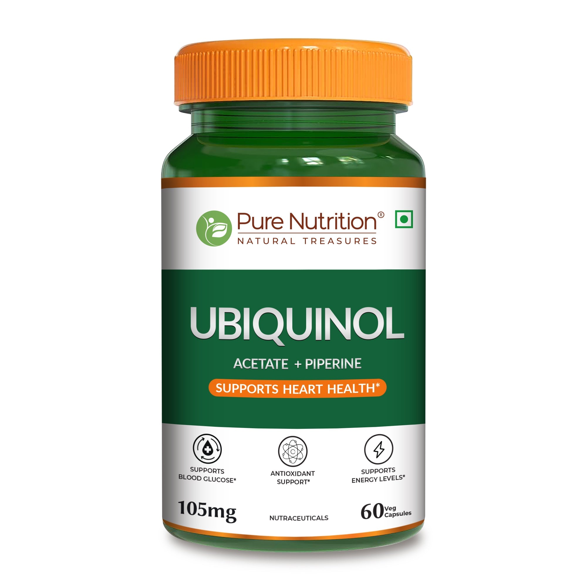 Pure Nutrition Ubiquinol Acetate (105mg) with Piperine – 60 Veg Capsules | Supports Energy, Heart & Vascular Health | Antioxidant & Blood Sugar Support | High Absorption CoQ10 Supplement