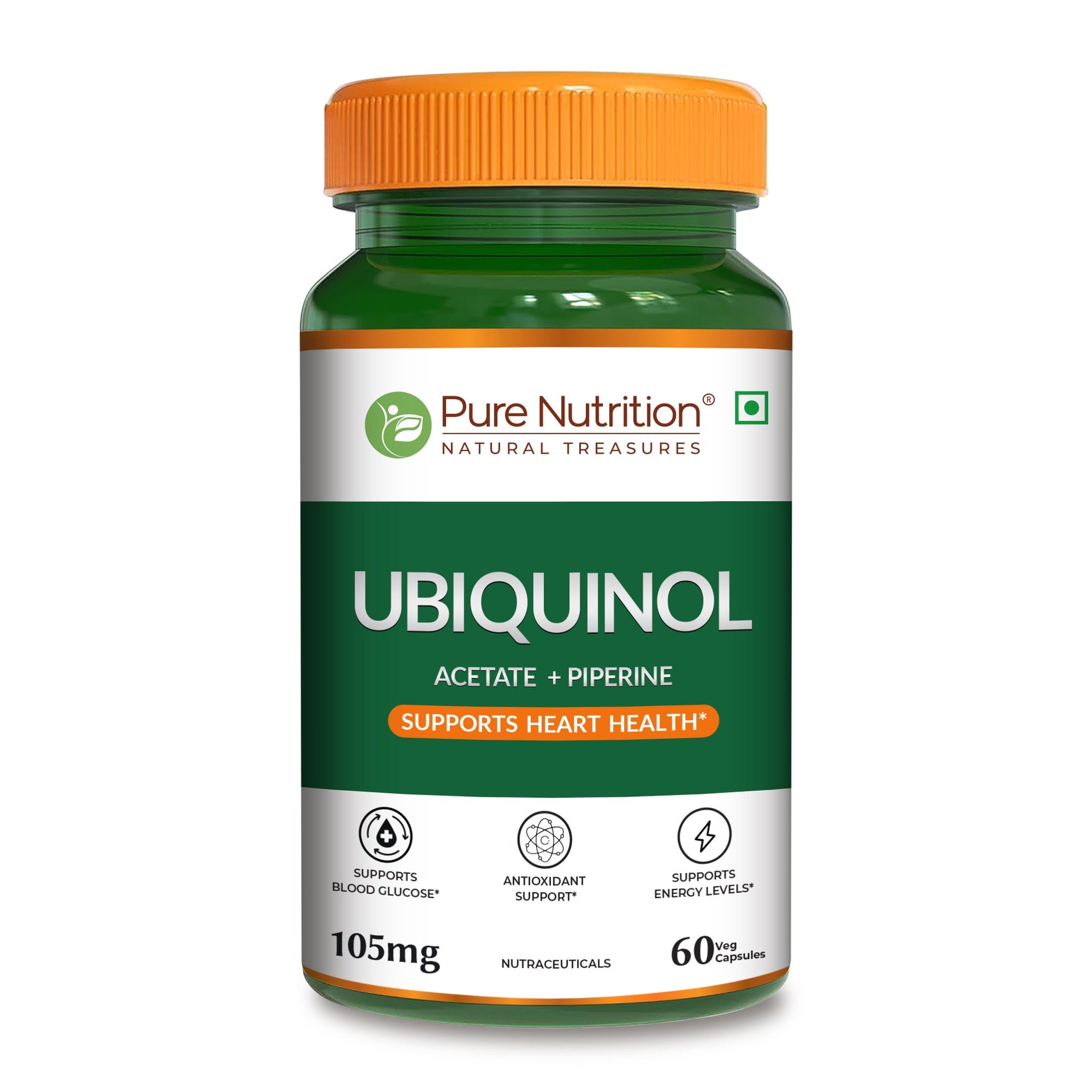 Pure Nutrition Ubiquinol Acetate (105mg) with Piperine – 60 Veg Capsules | Supports Energy, Heart & Vascular Health | Antioxidant & Blood Sugar Support | High Absorption CoQ10 Supplement