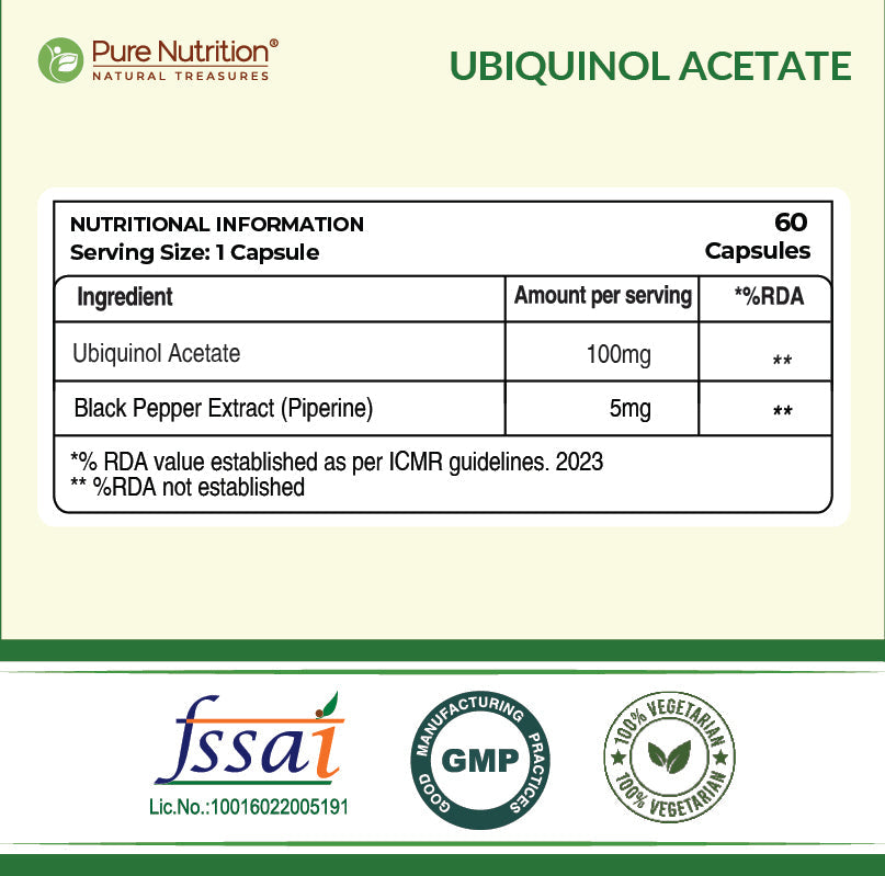 Pure Nutrition Ubiquinol Acetate (105mg) with Piperine – 60 Veg Capsules | Supports Energy, Heart & Vascular Health | Antioxidant & Blood Sugar Support | High Absorption CoQ10 Supplement