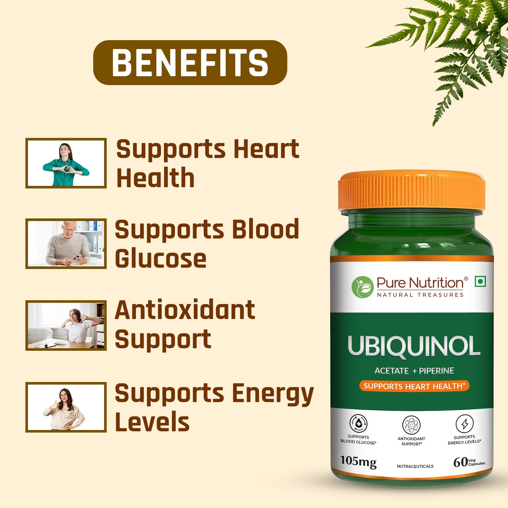 Pure Nutrition Ubiquinol Acetate (105mg) with Piperine – 60 Veg Capsules | Supports Energy, Heart & Vascular Health | Antioxidant & Blood Sugar Support | High Absorption CoQ10 Supplement