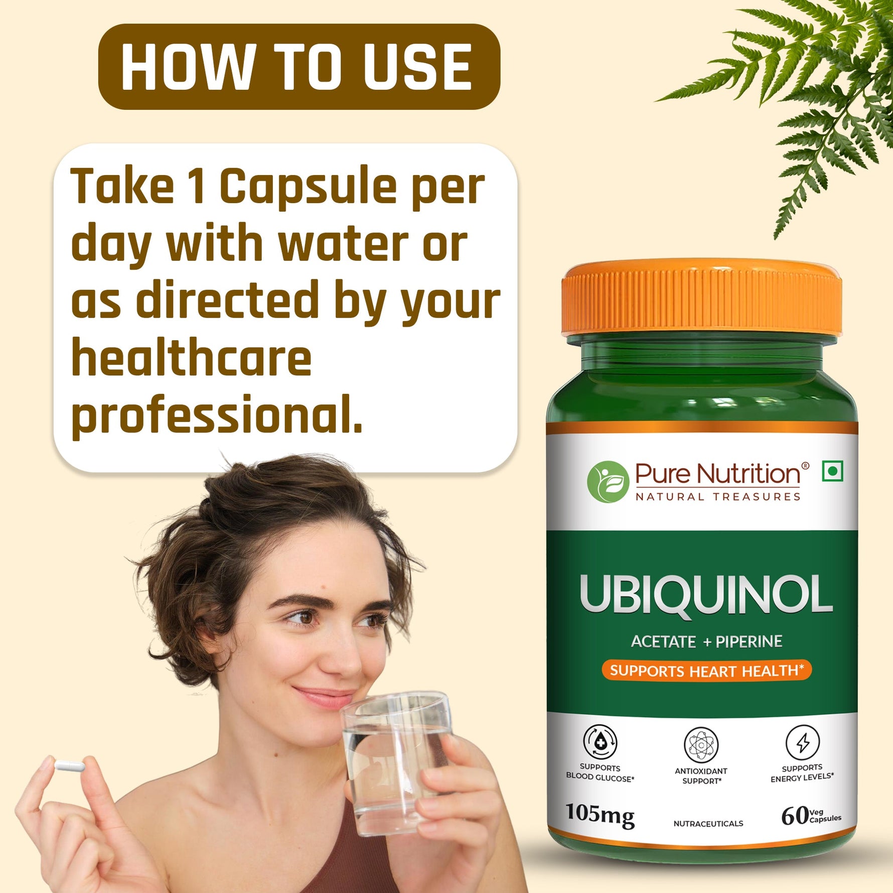 Pure Nutrition Ubiquinol Acetate (105mg) with Piperine – 60 Veg Capsules | Supports Energy, Heart & Vascular Health | Antioxidant & Blood Sugar Support | High Absorption CoQ10 Supplement