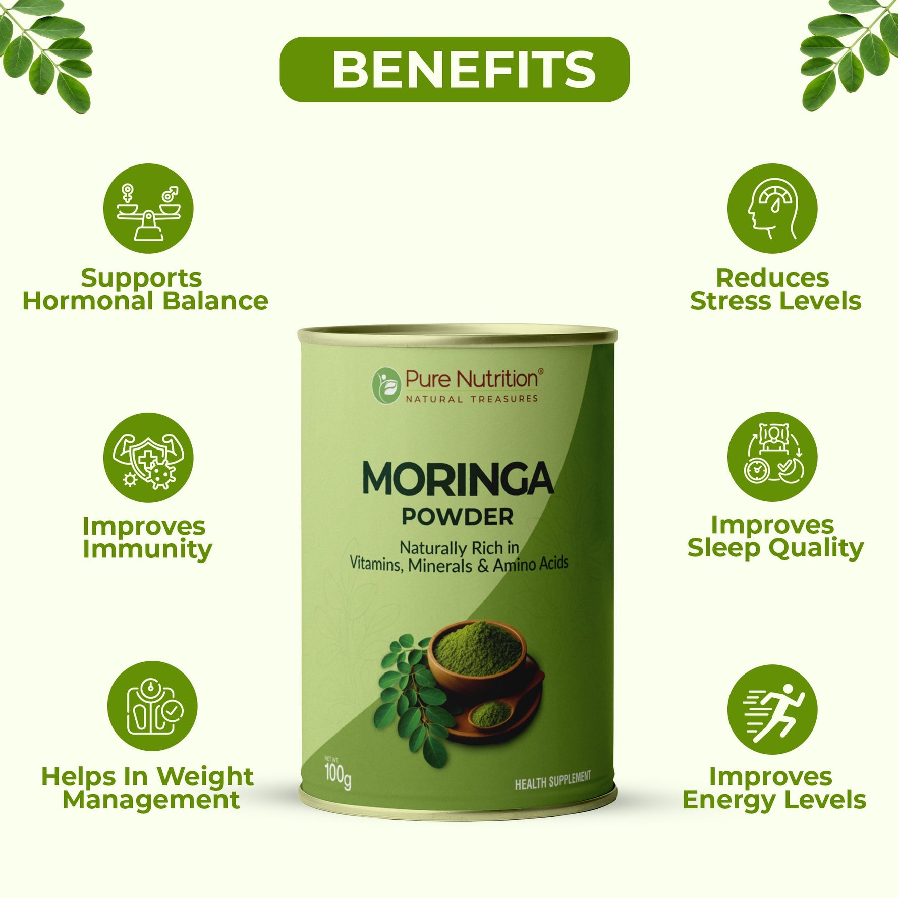 Pure Nutrition Moringa Powder, 100gm | Helps in weight management | Reduces stress levels | Improves immunity and energy levels | Packed with vitamins, minerals and amino acids