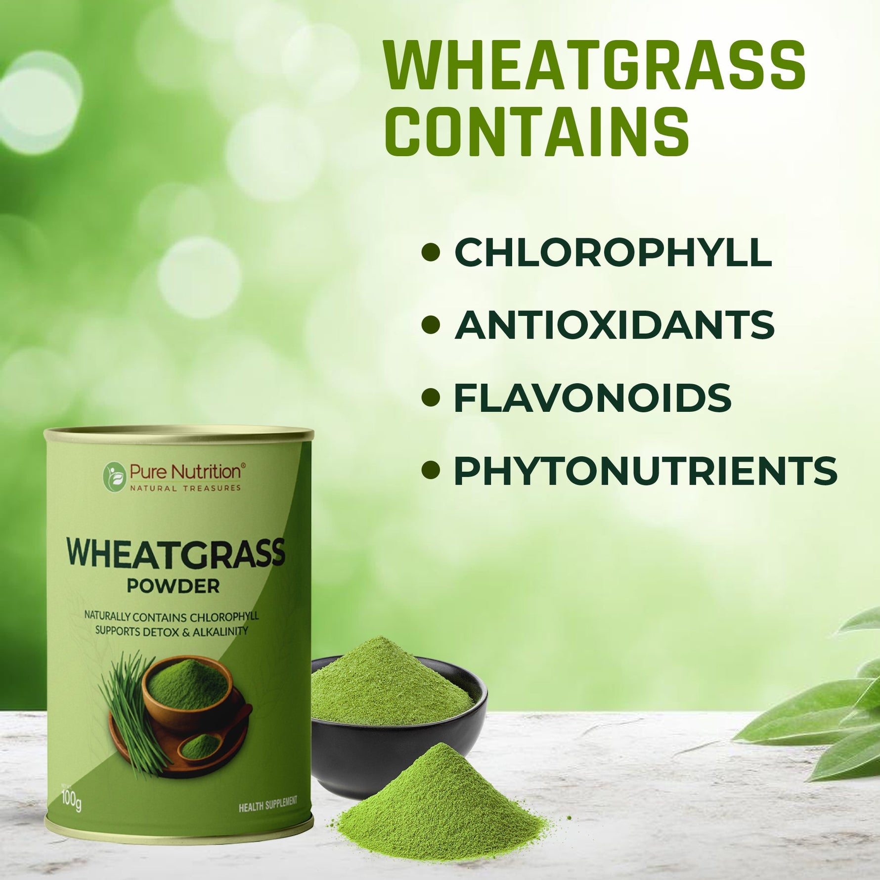 Pure Nutrition Wheatgrass Powder, 100g | Supports Detoxification & Alkalinity | Contains chlorophyll & antioxidants | Energy Booster | Packed with 17 amino acids