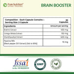 Pure Nutrition Plant Based Brain Boost (1010mg) - 60 Veg Capsules | With Brahmi, Ginkgo Biloba & Shankhpushpi Extract | Supports Memory, Focus, Stress Relief & Cognitive Function